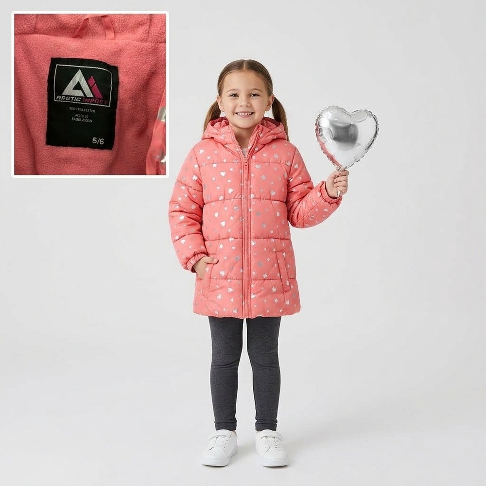 Arctic Impact Puffer Jacket Kids 5/6 Pink Excellent Heart Star Foil Hooded 56093